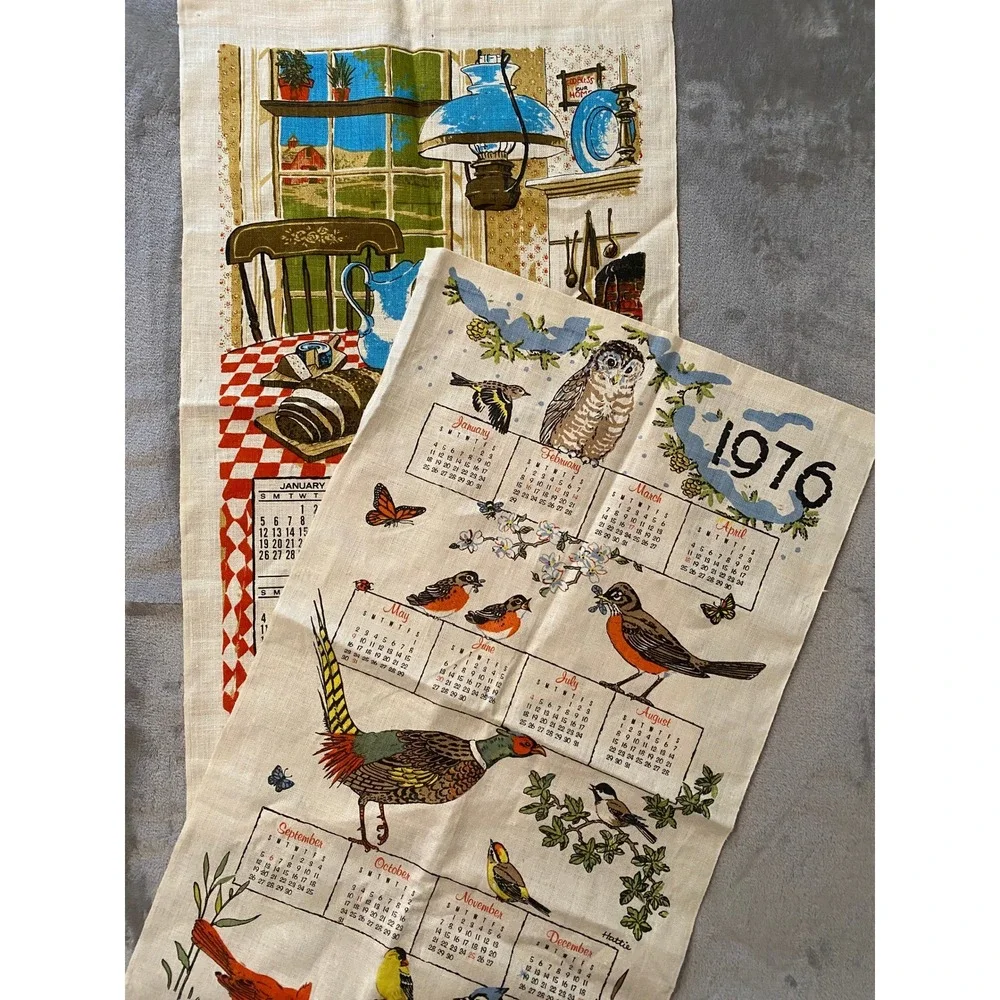 Textilimpex Linen Calendar Tea Towels 1975 1976 Birds Bountiful Table Retro VTG